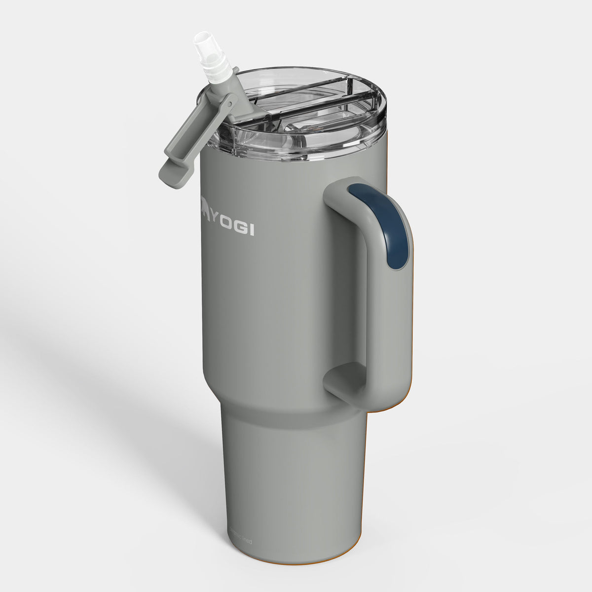 Slate gray ceramic-lined Evolution tumbler with flip straw lid and side handle.