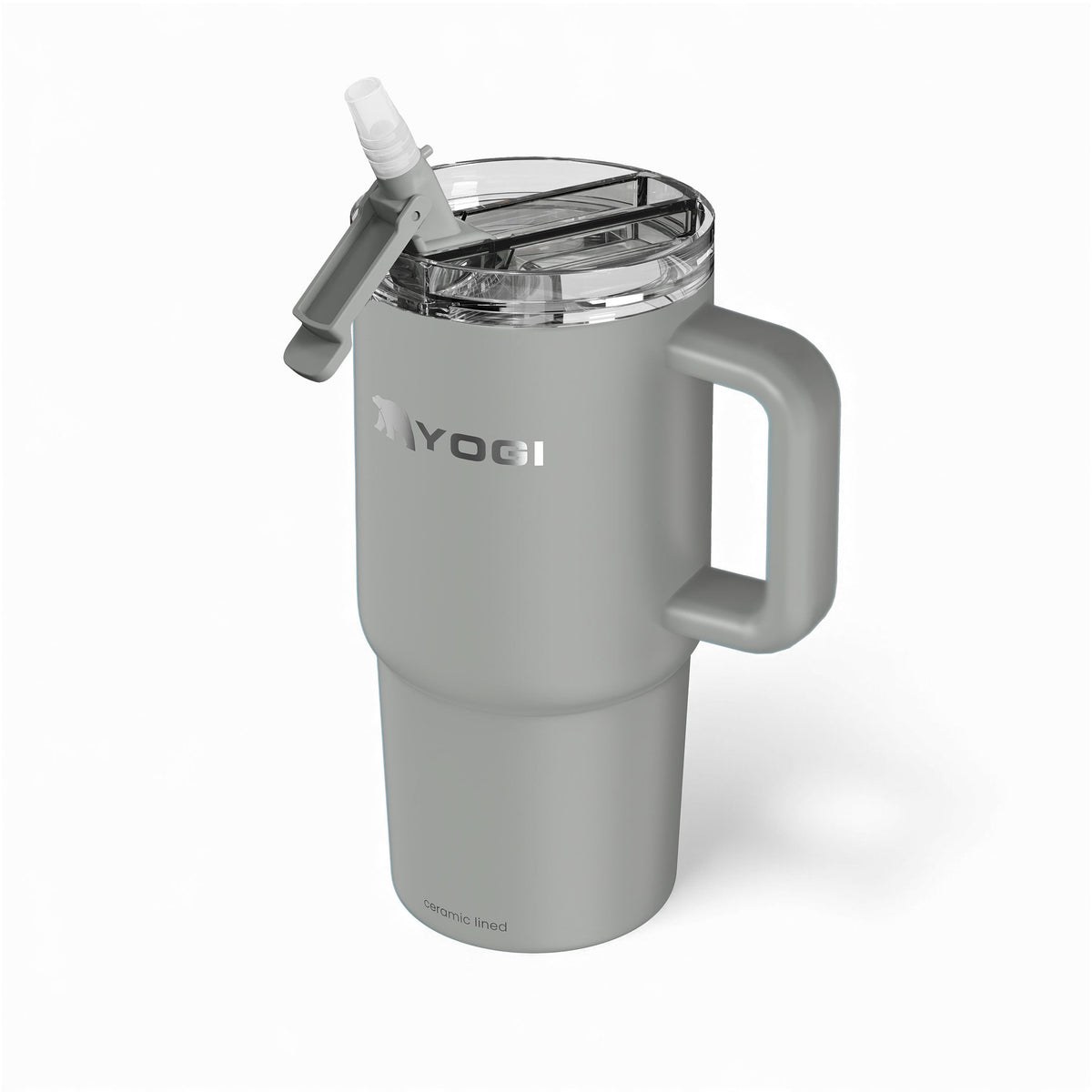 Slate gray ceramic-lined Evolution tumbler with clear open lid and side handle.