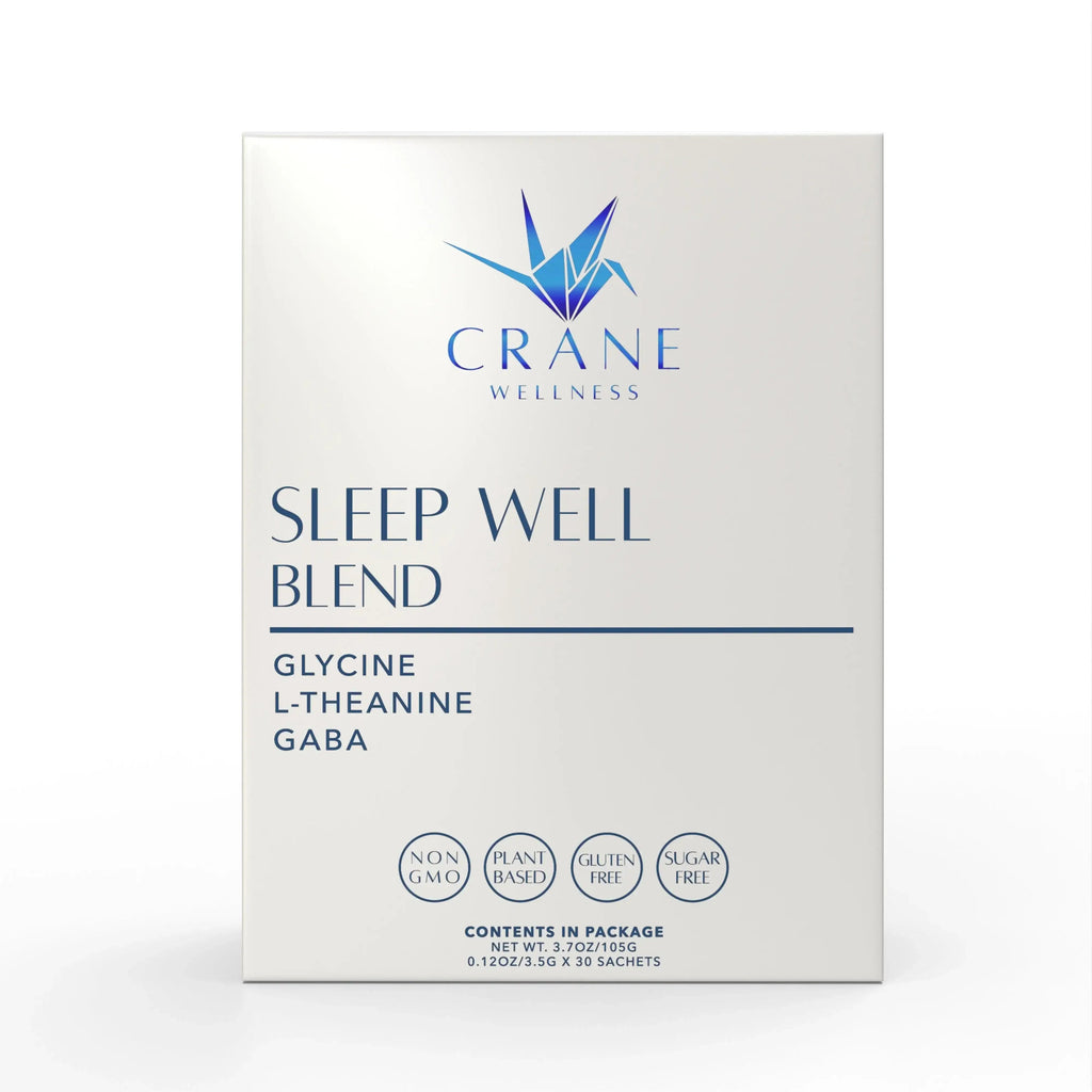Sleep wellness blend supplement box front, white with blue branding and ingredients