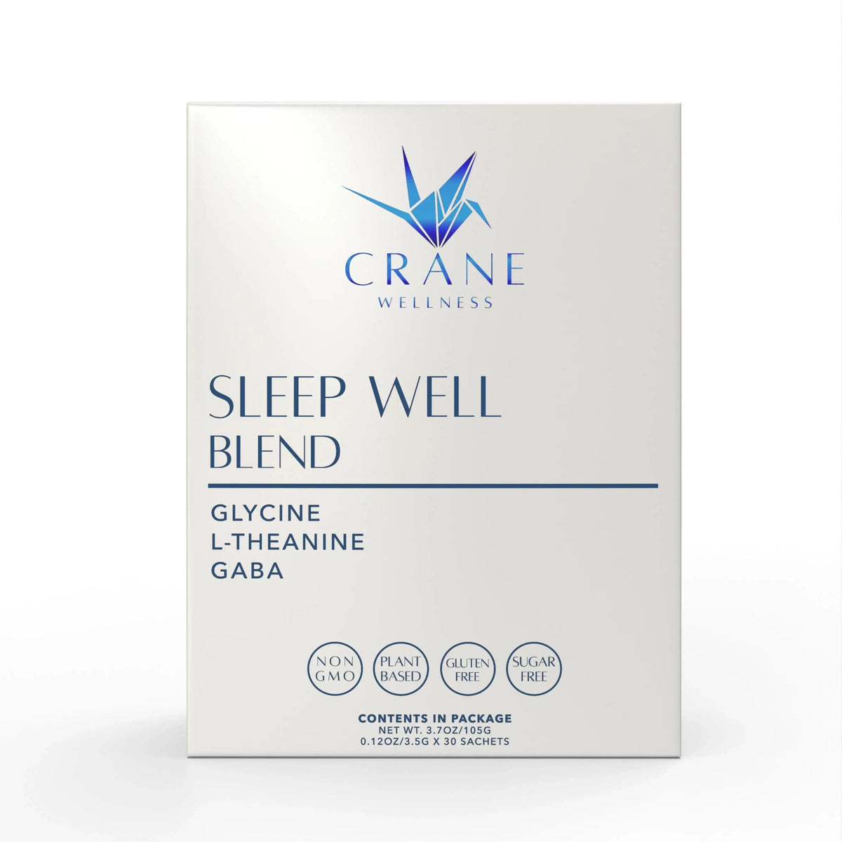 Sleep wellness blend supplement box front, white with blue branding and ingredients