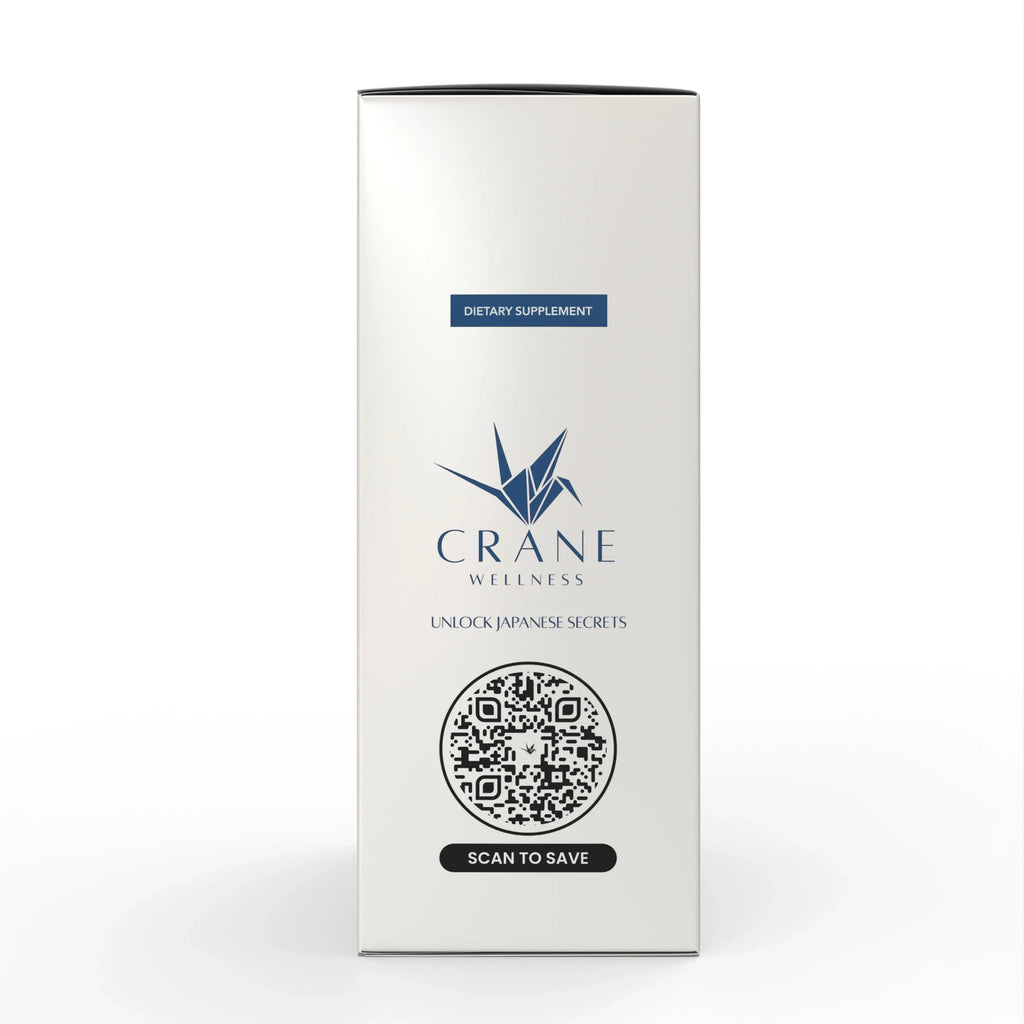Sleep wellness supplement box back with QR code and blue “Scan to save” label
