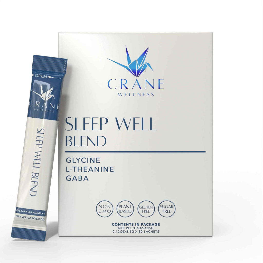Sleep wellness blend supplement box with blue sachet, white and blue label