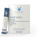 Sleep wellness blend supplement box with blue sachet, white and blue label