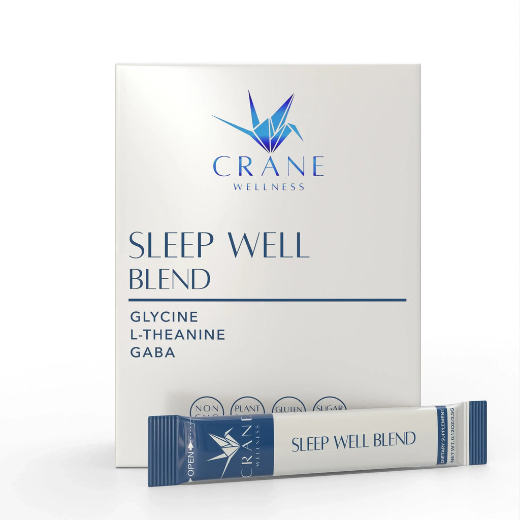 Sleep wellness blend supplement box with blue-striped sachet in front