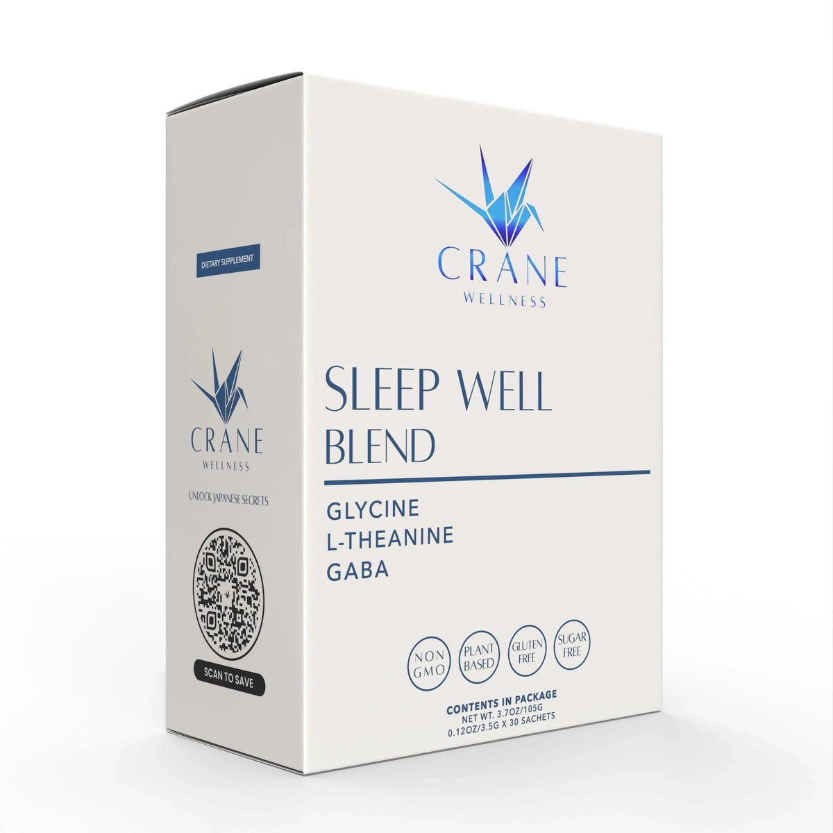 Sleep wellness blend supplement box angled view with front label and side QR/scan area