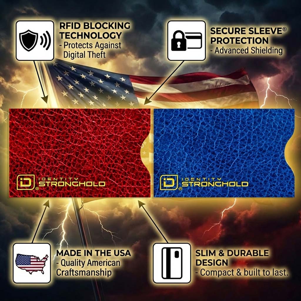 Blue leather-look RFID blocking card sleeve with curved edge