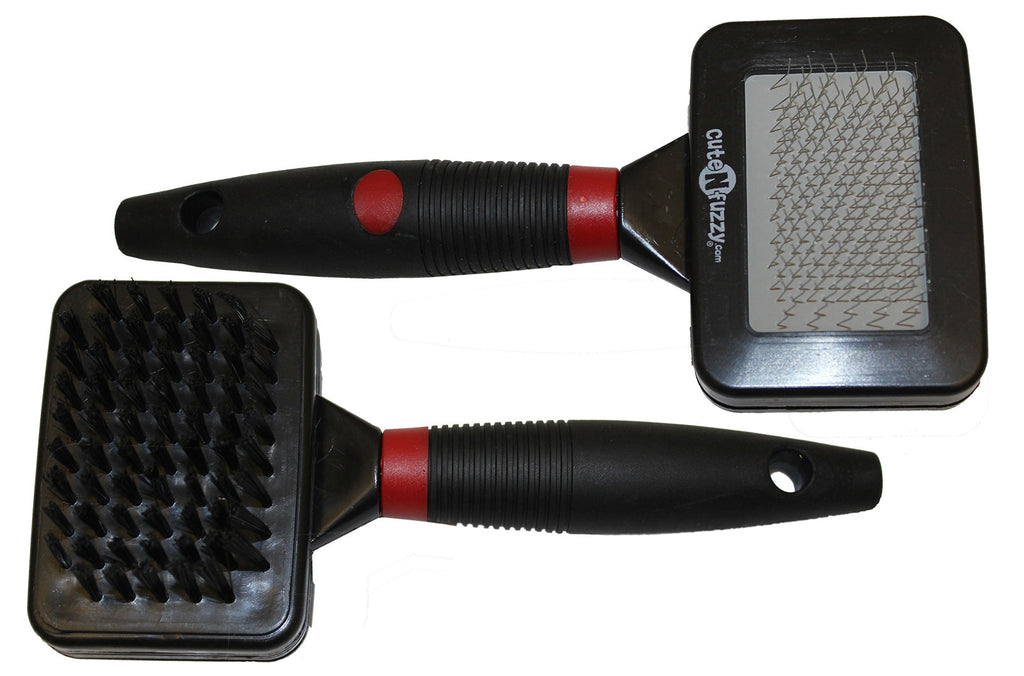 Double-sided pet slicker brush set with two black pads and red-accent handles