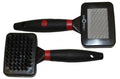 Double-sided pet slicker brush set with two black pads and red-accent handles