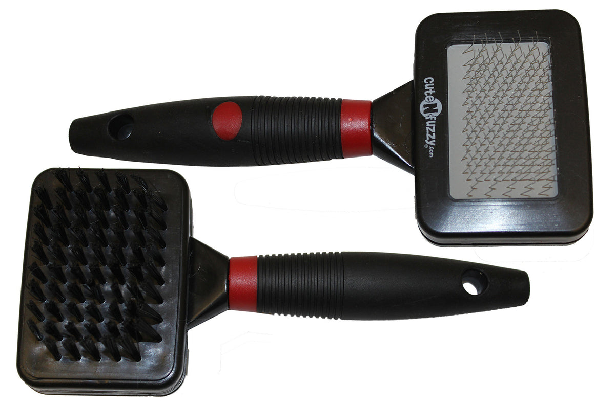 Double-sided pet slicker brush set with two black pads and red-accent handles