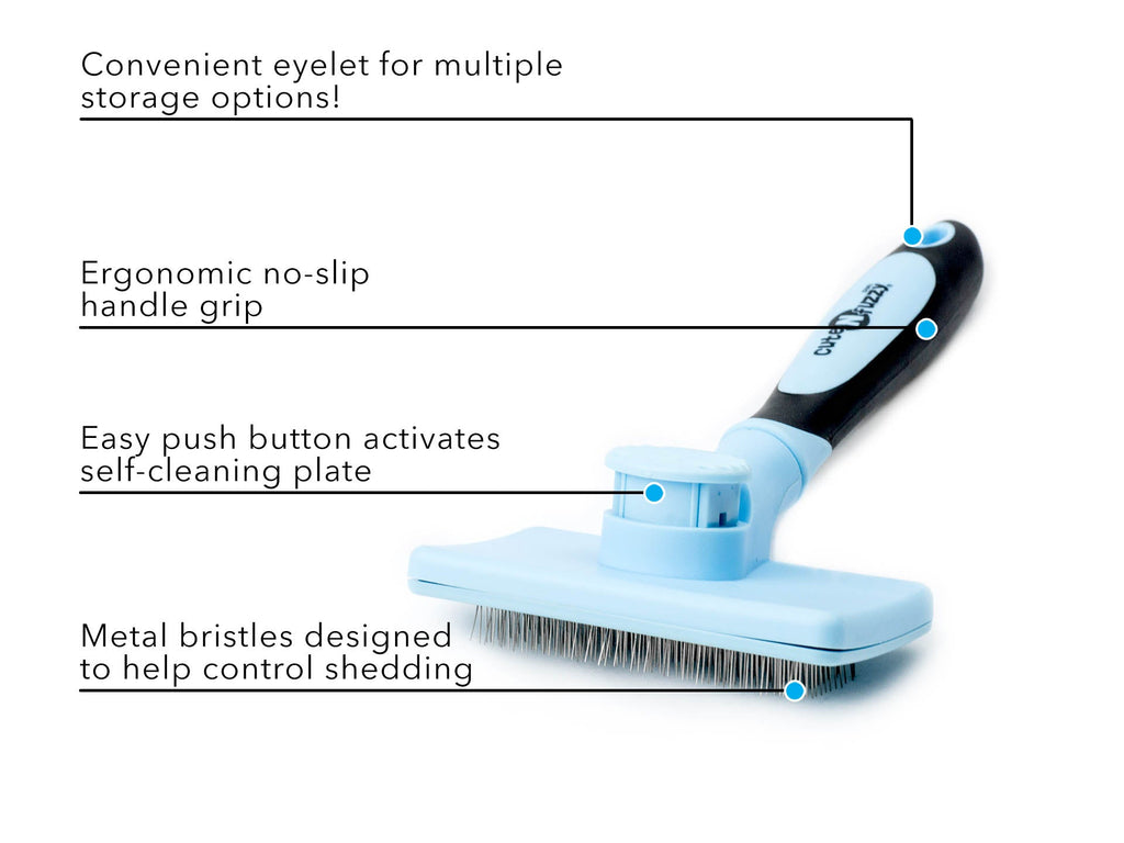 Blue self-cleaning pet slicker brush with no-slip handle and push-plate