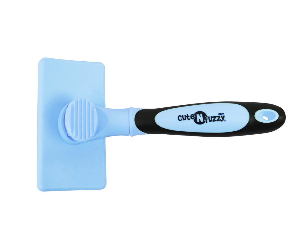 Blue self-cleaning pet slicker brush with round bristle pad and comfort grip