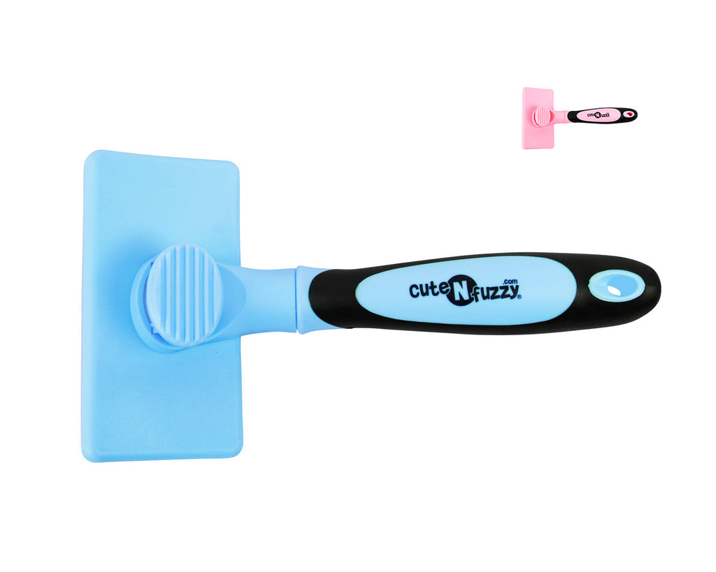 Blue self-cleaning pet slicker brush with flat pad head and oval handle