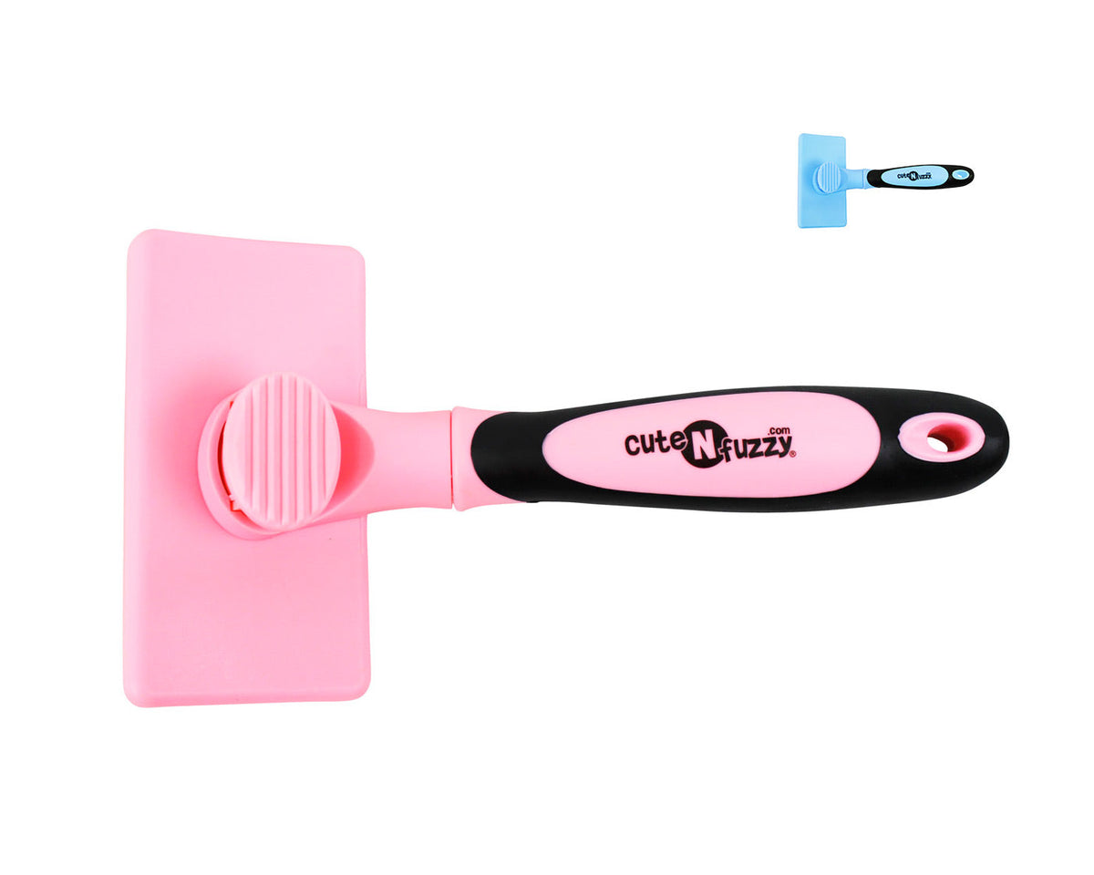 Pink self-cleaning pet slicker brush with flat bristle pad head on handle