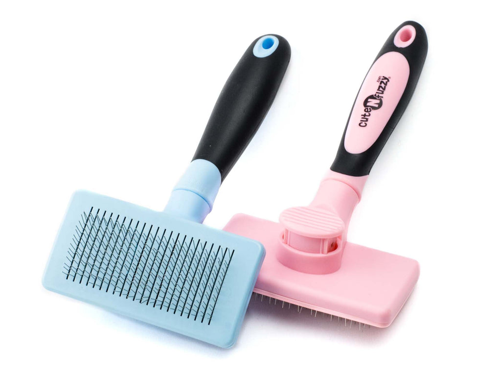Self-cleaning pet slicker brush set with blue and pink grooming pad heads