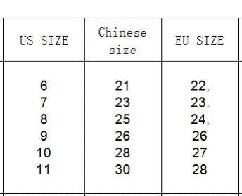 Kids slip-on sneakers size chart showing US, EU, and Chinese size conversions