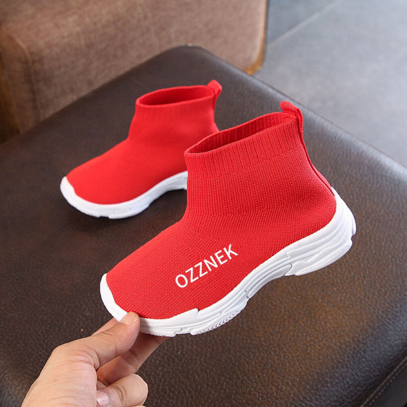 Kids slip-on sneakers, red knit upper with white sole and elastic sock-style opening