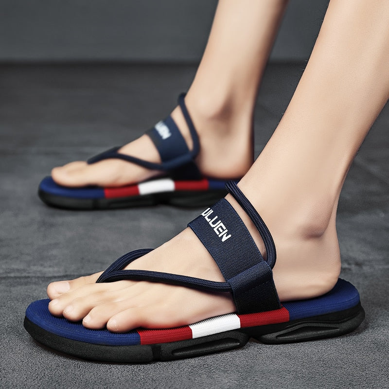 Navy ankle wrap slide sandals with red and white stripe, thick slip-resistant sole