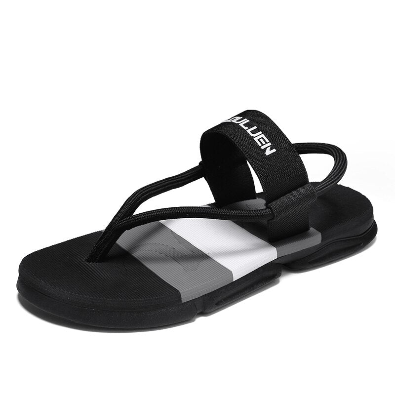 Black ankle wrap slide sandals with white stripe band, BLUEN logo strap