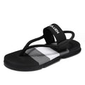 Black ankle wrap slide sandals with white stripe band, BLUEN logo strap