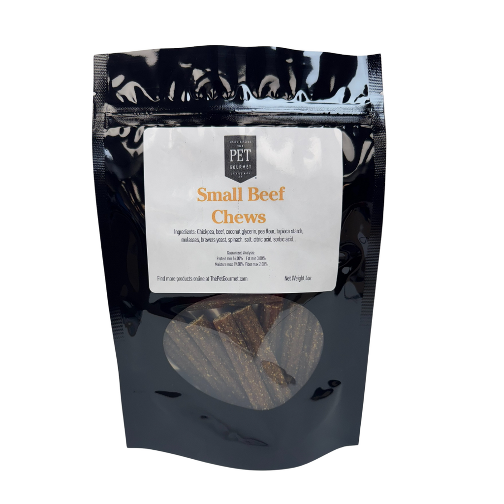 Beef dog chew sticks bag with clear window and assorted chew pieces