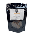 Beef dog chew sticks bag with clear window and assorted chew pieces