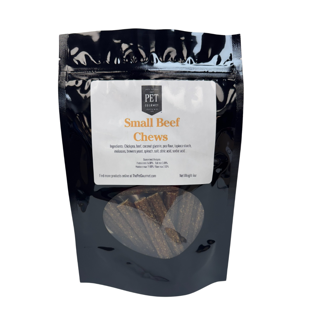 Beef dog chew sticks bag with clear window and assorted chew pieces