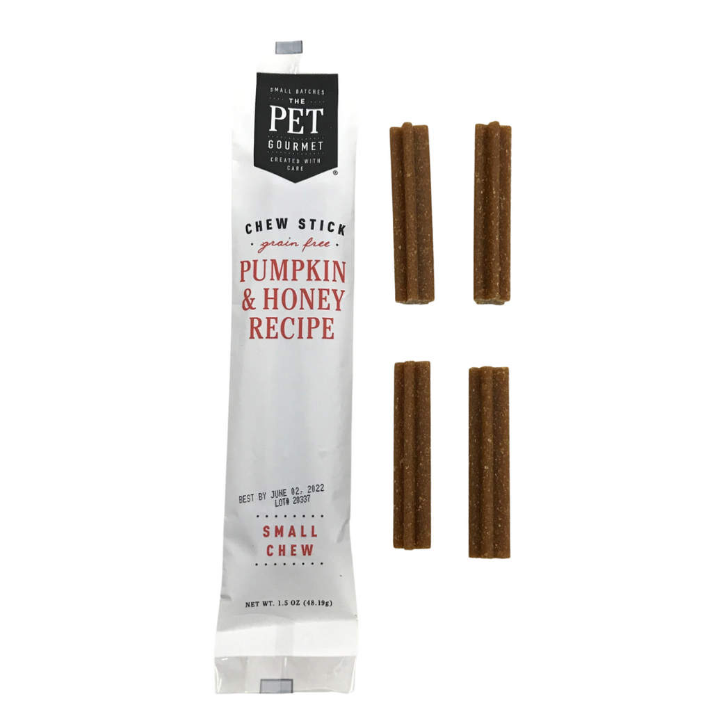 Pet Gourmet pumpkin & honey chew sticks bag with 4 brown sticks