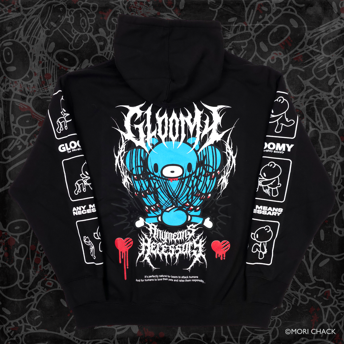 Black pullover hoodie with large blue character graphic on back and red hand marks