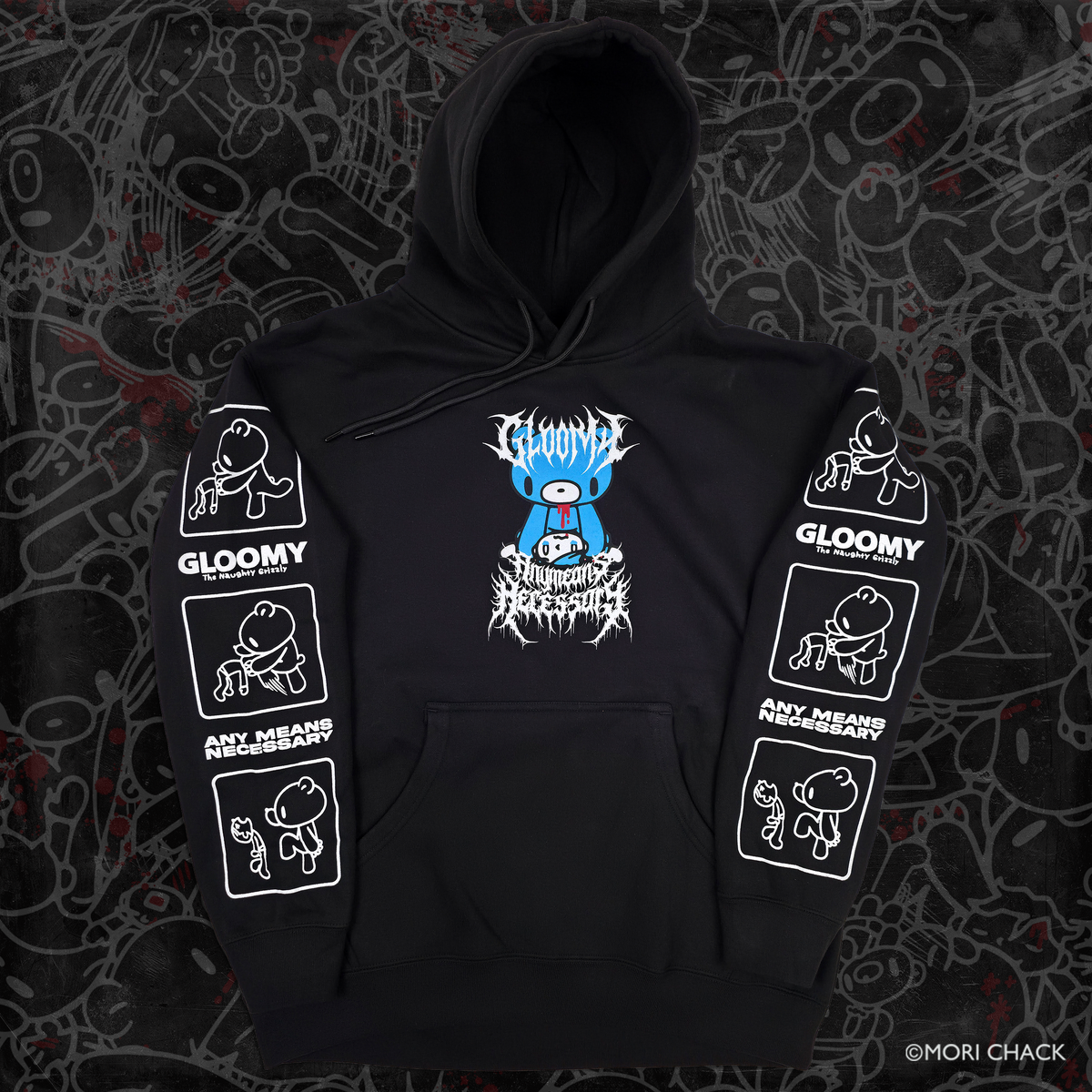 Black pullover hoodie with blue character graphic and white sleeve patch prints