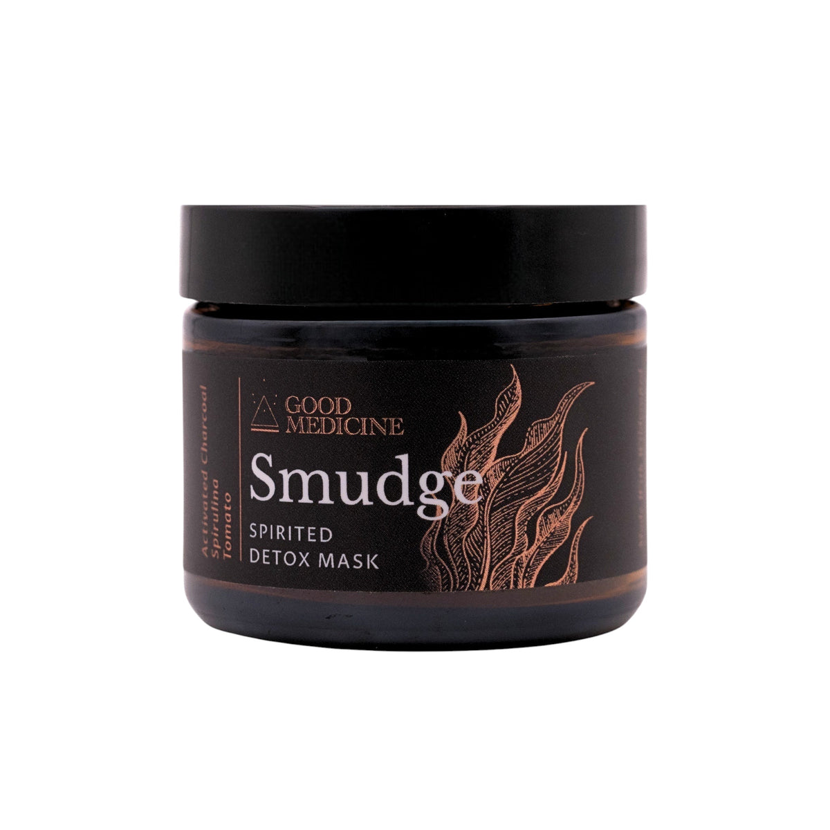 SMUDGE detox mask jar with black lid and label with flame graphics