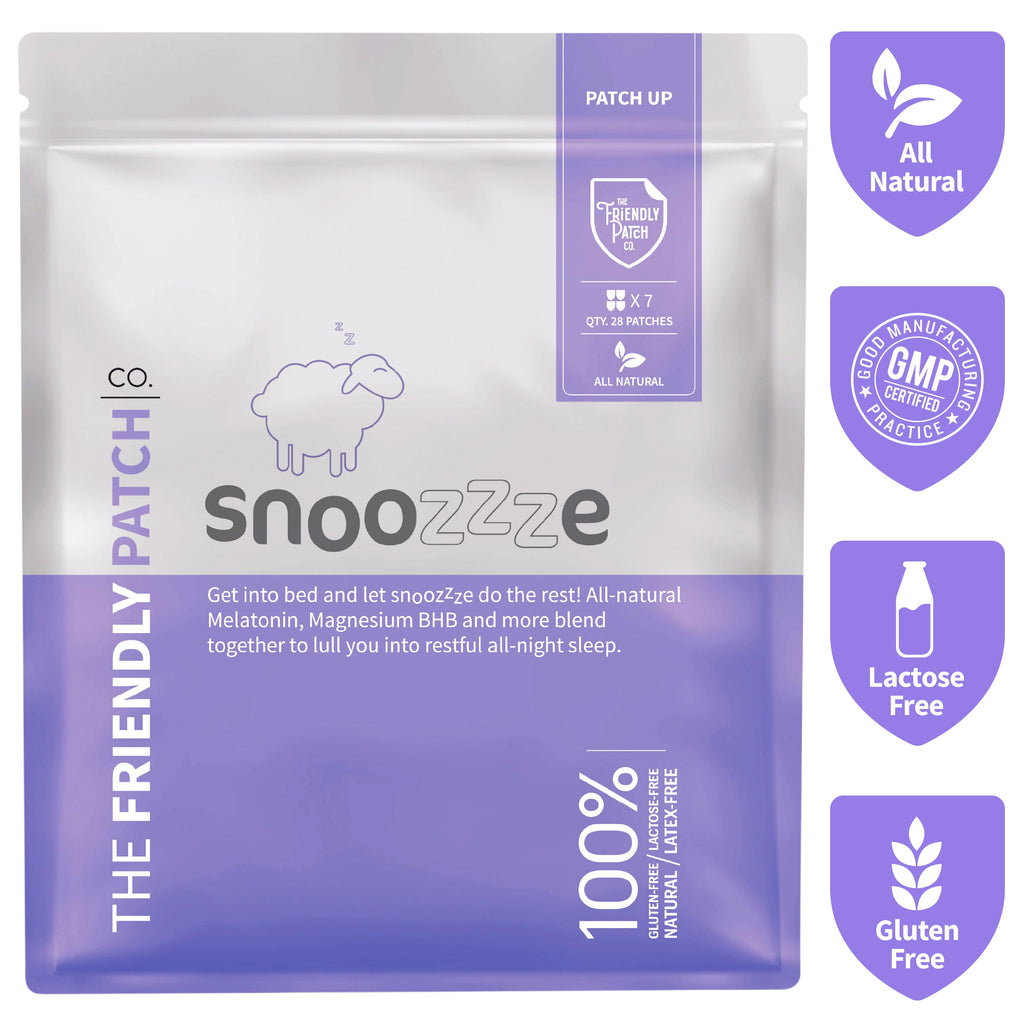 Snoozzze friendly patch pouch front, purple The Friendly Patch co text and 100% claim