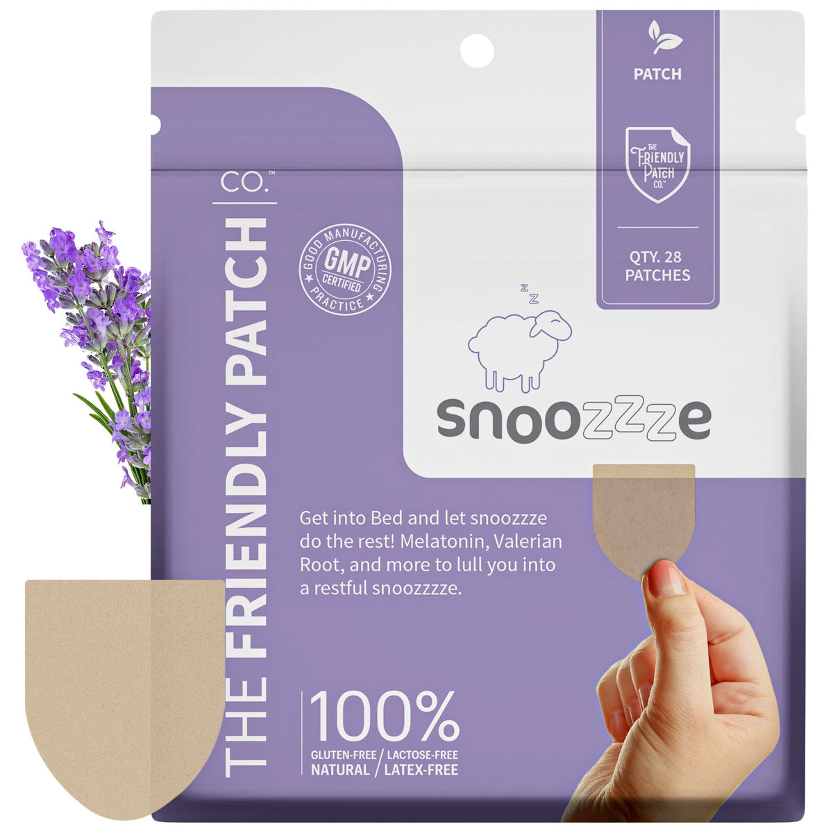 Melatonin sleep patch pouch showing 28 patch count, The Friendly Patch Co. purple design.