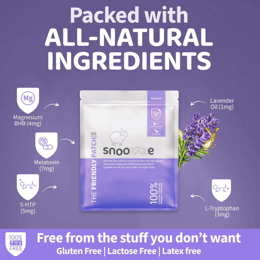 All-natural ingredients patch pack card featuring Snooze patch variety