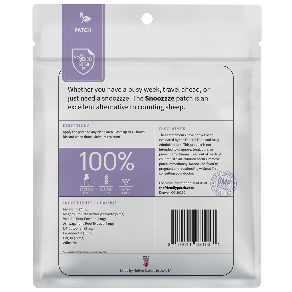 Melatonin sleep patch pouch back with directions, ingredients list, and barcode.