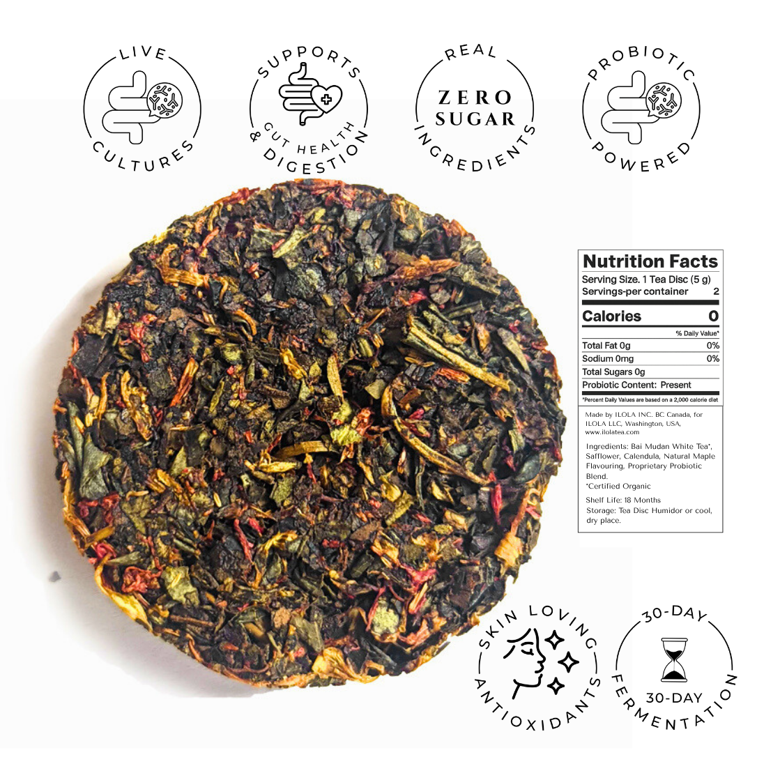 Snow Maple No. 41 tea disc with nutrition facts and product feature icons