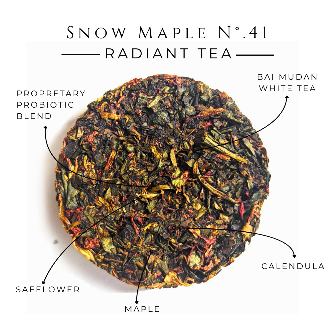 Snow Maple No. 41 tea disc labeled with white tea, calendula, safflower and maple