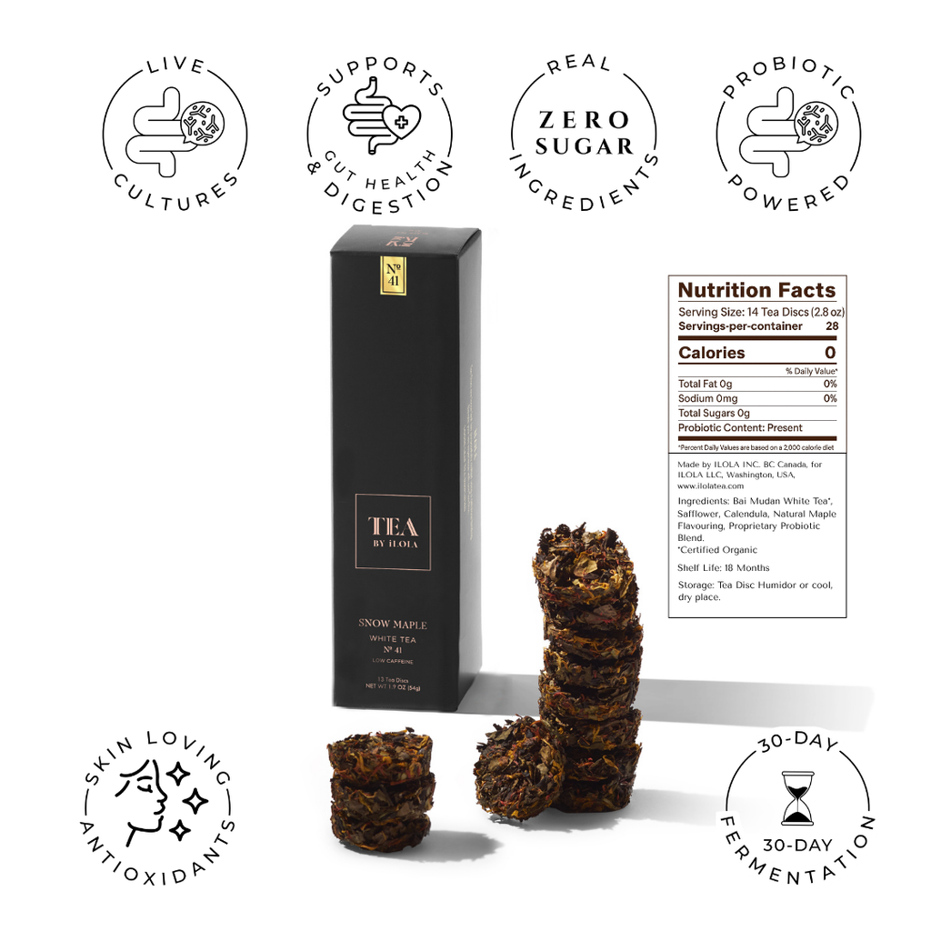 Snow Maple No. 41 tea box with stacked tea discs and nutrition facts