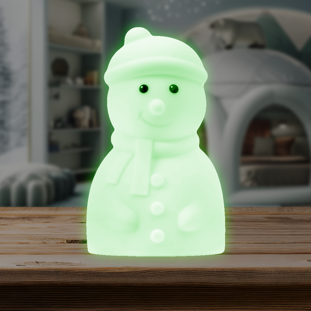 Snowman LED night light, green glowing white snowman with smiling face