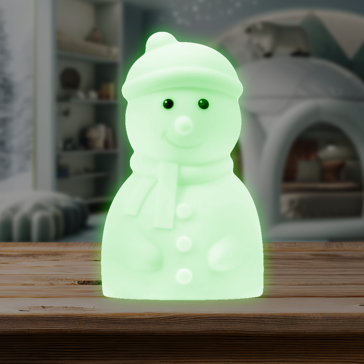 Snowman LED night light, green glowing white snowman with smiling face
