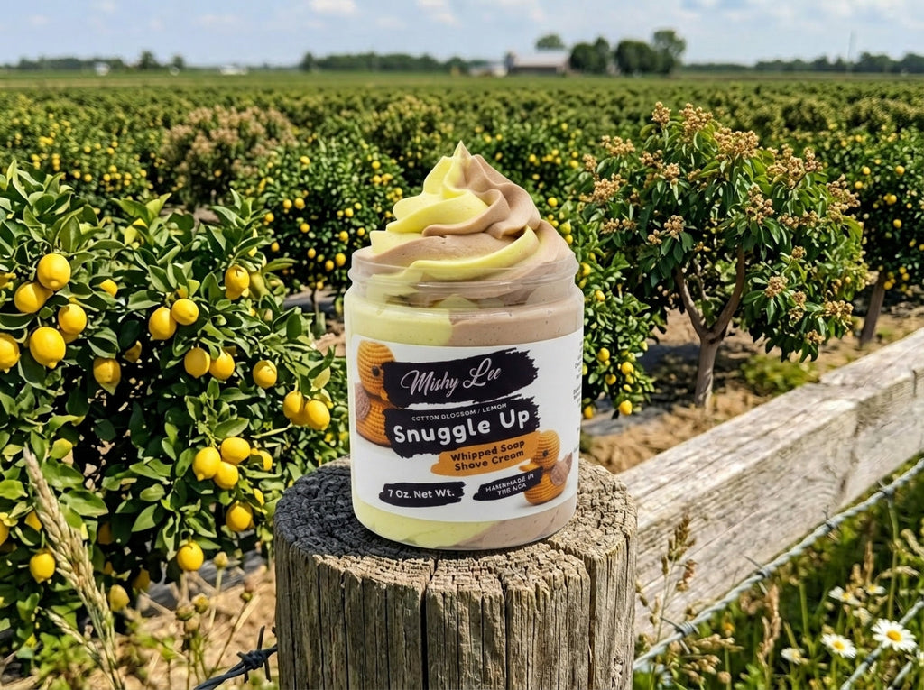 Whipped soap and shave cream jar on fence outdoors in an orchard