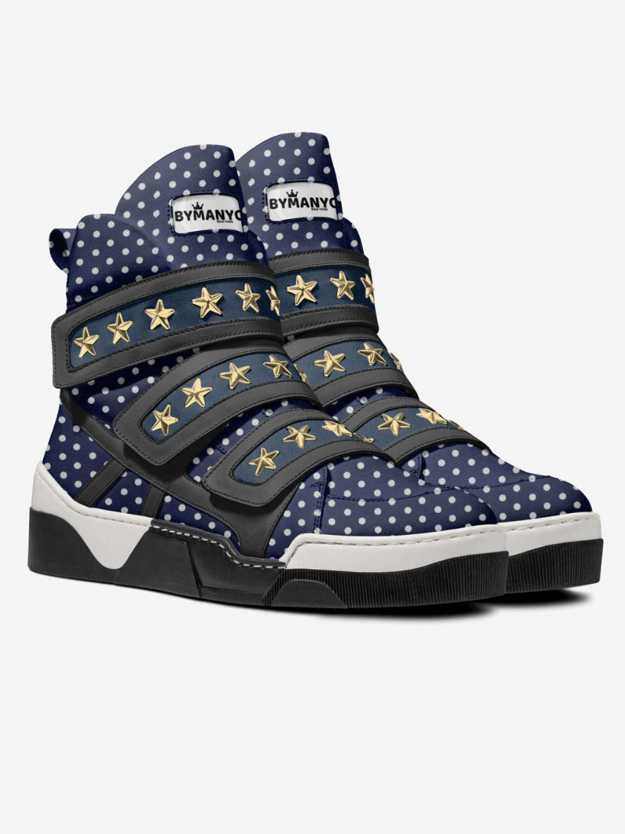 Navy polka-dot high-top vegan sneakers with BYMANYC New York label and gold star details