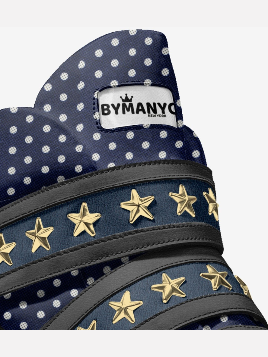 Navy polka-dot high-top sneaker with gold star studs on black hook-and-loop straps