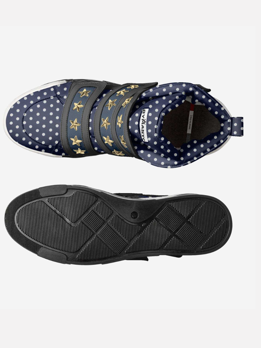 Navy polka-dot high-top vegan sneakers with patterned outsole and gold star straps