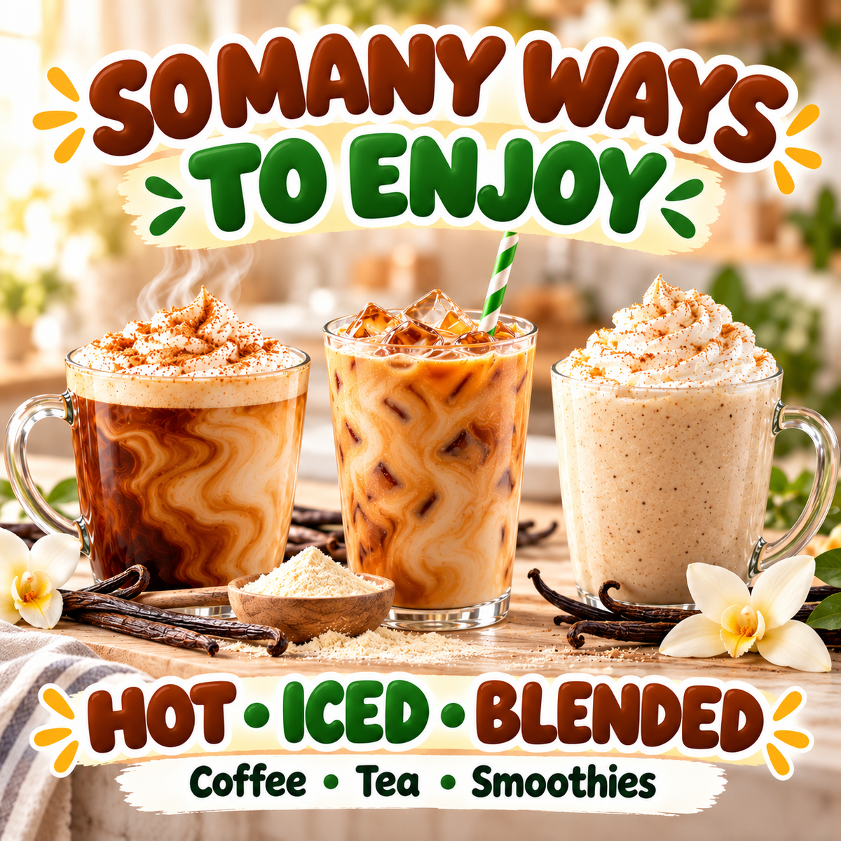 Vanilla collagen creamer in three clear glasses with foam and vanilla swirl tops