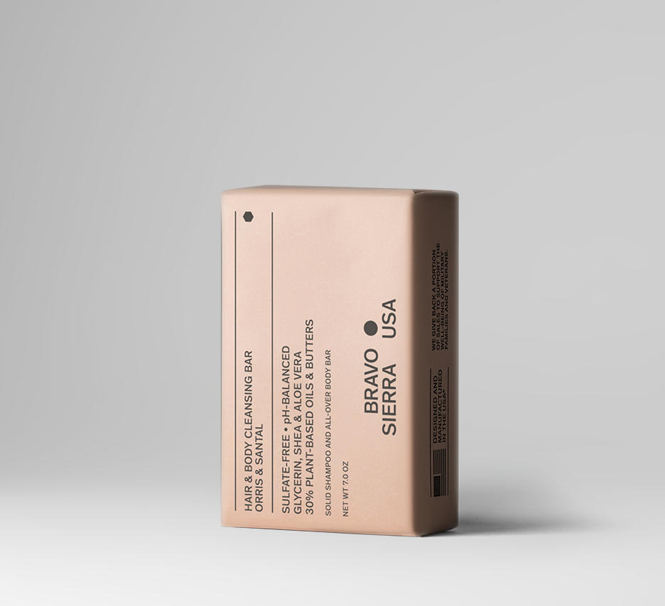 Beige hair and body cleansing bar with Orris & Santal label