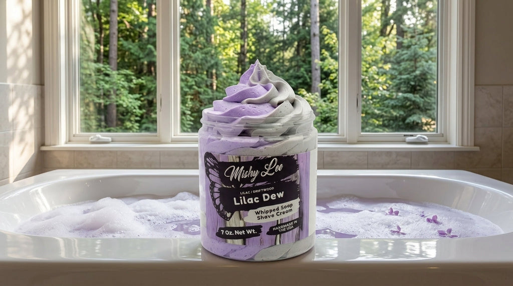 Whipped soap and shave cream jar on a bathroom sink with purple foam