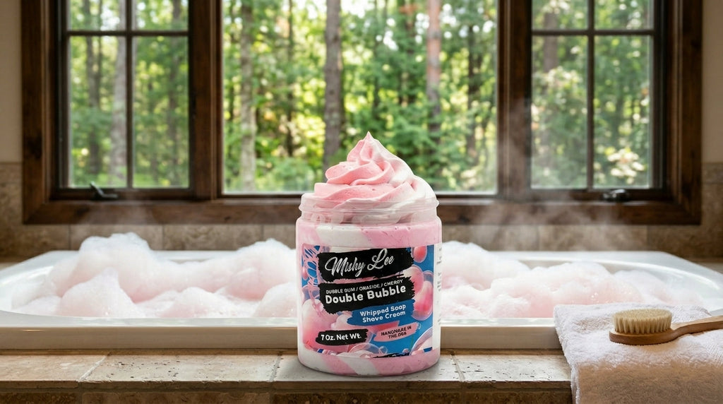 Whipped soap and shave cream tub with pink swirl and foam on counter