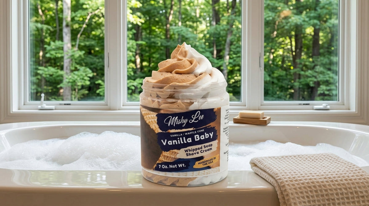 Vanilla baby whipped soap and shave cream jar with layered beige and white swirls