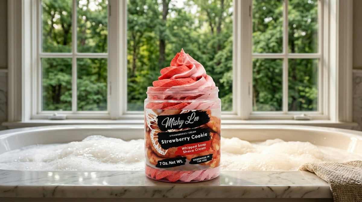 Whipped soap and shave cream jar with tall pink-and-white strawberry swirl