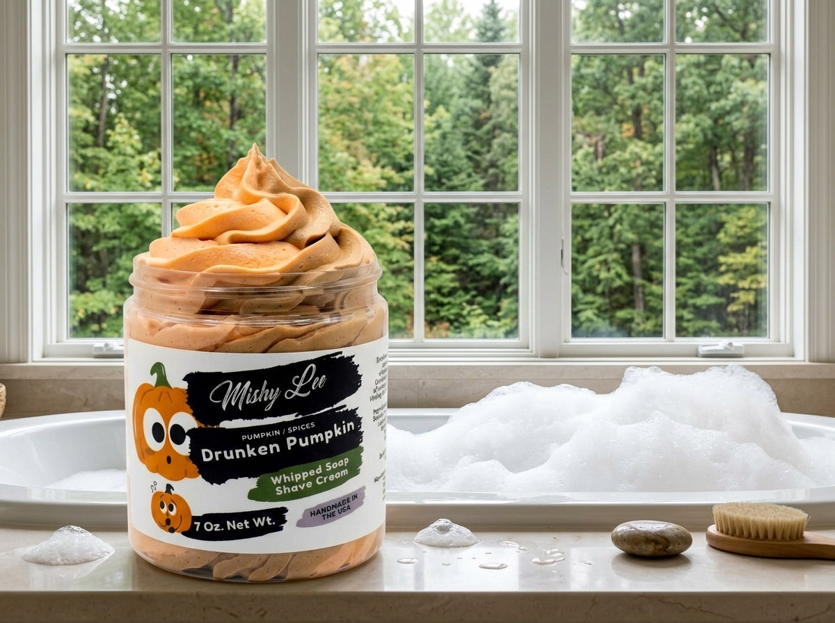 Whipped pumpkin soap and shave cream jar with orange swirl on a countertop